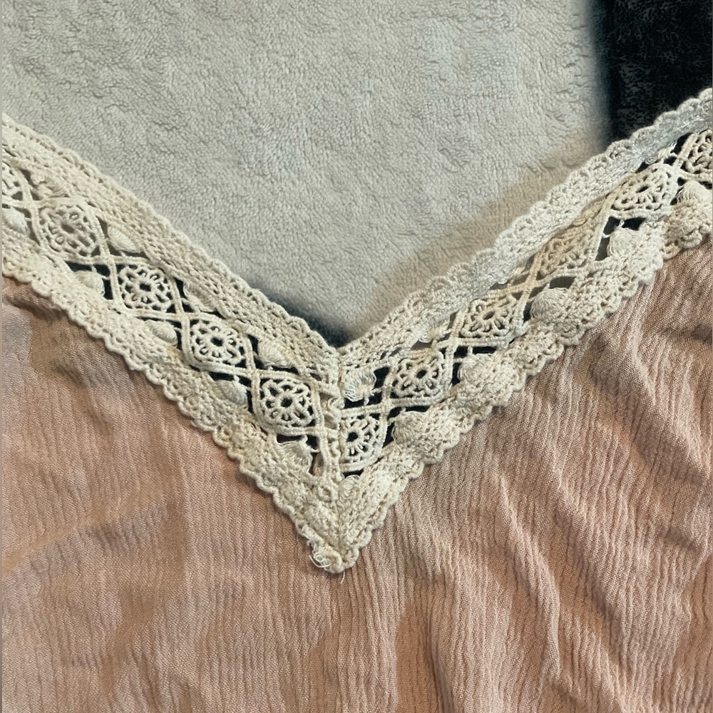 Tan Crop Top with White Lace Overlay & Open Back | Size Small (No Tag)